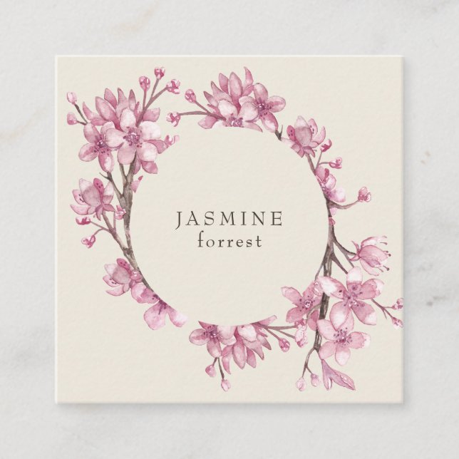 Carte De Visite Carré Elégante couronne rose couleur cerisier fleur (Devant)
