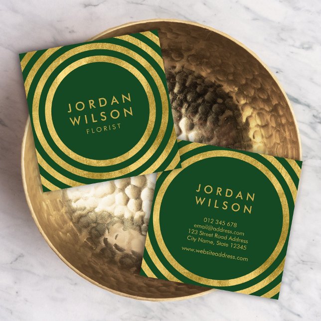 Carte De Visite Carré Elégante Green Faux Gold Round Lines géométrique (Créateur téléchargé)