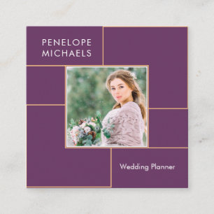 Carte De Visite Carré Élégante grille violette avec photo