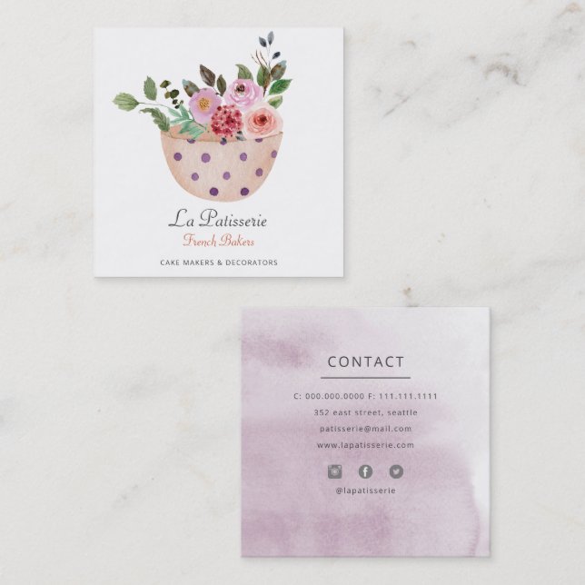 Carte De Visite Carré Élégante Pêche Florale Mariage Fruits boulangerie (Devant / Derrière)