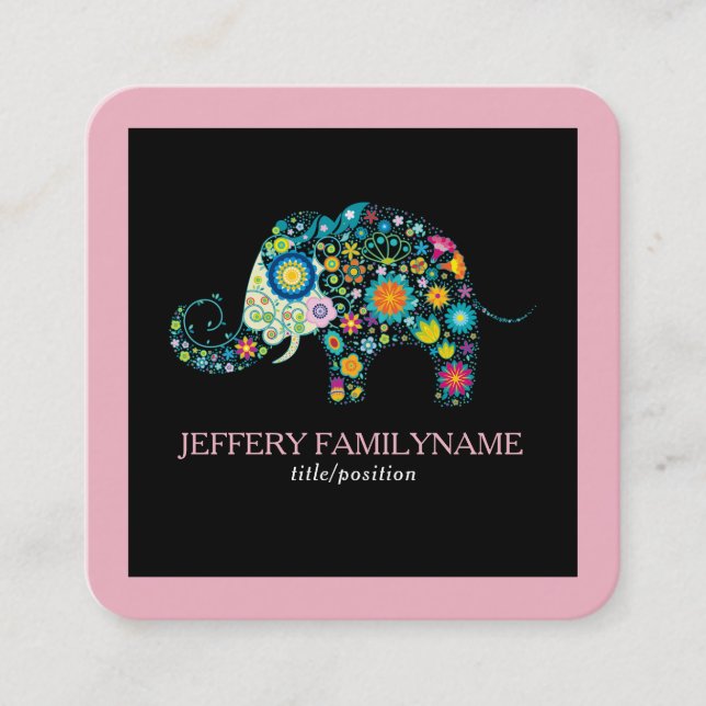 Carte De Visite Carré Eléphant Floral Mélange Sur Bordure Rose Noir (Devant)