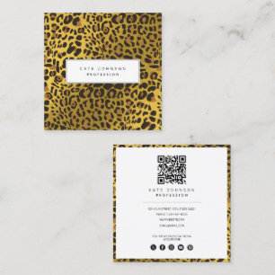 Carte De Visite Carré Empreinte de léopard de peau animale Motif or QR C