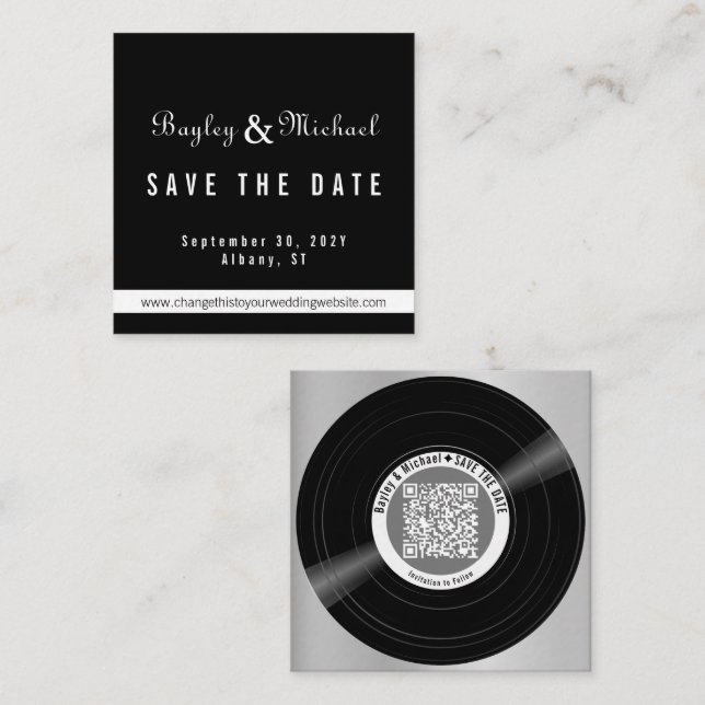 Carte De Visite Carré Enregistrer le vinyle Enregistrer la date Code QR  (Devant / Derrière)