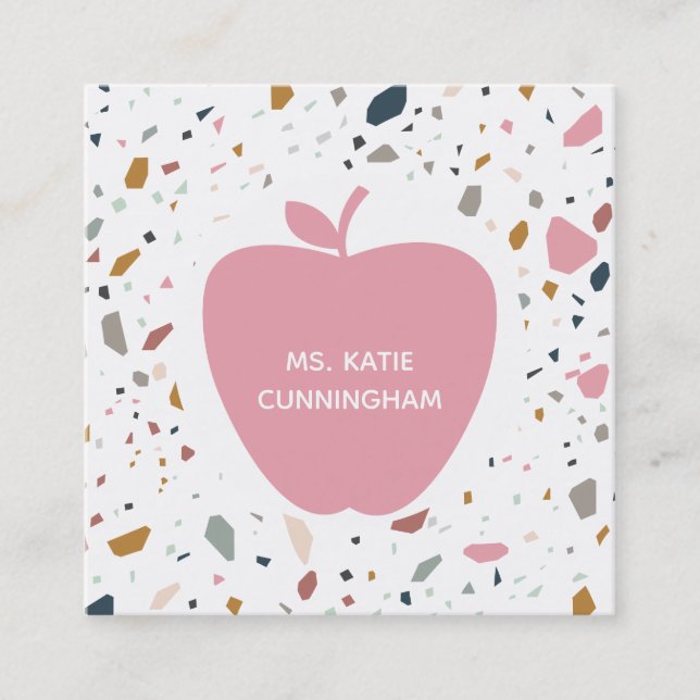 Carte De Visite Carré Enseignant de la pomme rose Motif Terrazzo (Devant)