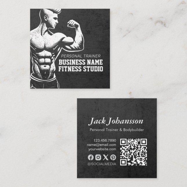 Carte De Visite Carré Entraîneur de fitness moderne Bodybuilding Instruc (Devant / Derrière)