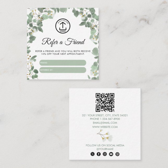 Carte De Visite Carré Eucalyptus Business Logo Référer Un Ami Référentie (Devant / Derrière)
