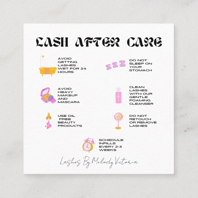 Carte De Visite Carré Extensions Lash après soins Icônes (Dos)