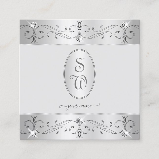 Carte De Visite Carré Extravagant Argent Gris Ornat Ornat Monogramme (Devant)