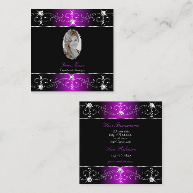 Carte De Visite Carré Extravagante Black Purple Ornate Ornaments Photo (Devant / Derrière)