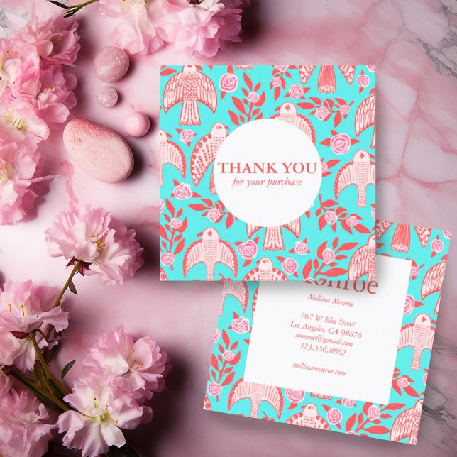 Carte De Visite Carré Falcons & Rose Chic Elegant Ordre Merci (Custom thank you for your order card with a falcons and roses pattern in aqua and pink)
