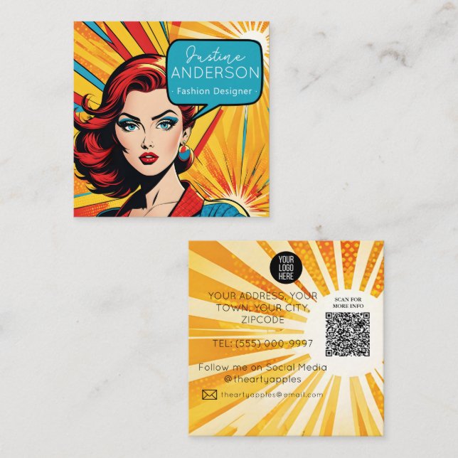 Carte De Visite Carré fashionista Retro Pop Art Lady femme Wow (Devant / Derrière)
