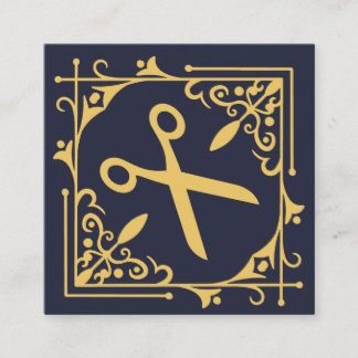 Carte De Visite Carré Faux Gold Foil Ciseaux Coiffeur bleu marine