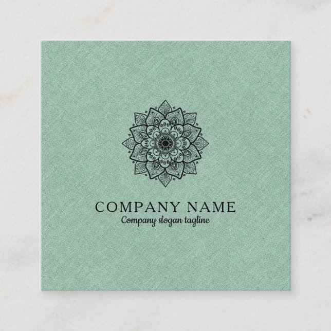 Carte De Visite Carré Faux vert Sage Lin & Mandala noir (Devant)