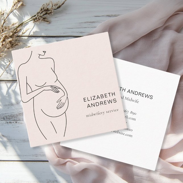 Carte De Visite Carré Femme enceinte Simple moderne (Modern, minimalist business card, beige-blush, black. Line Art Illustration, pregnant woman.)