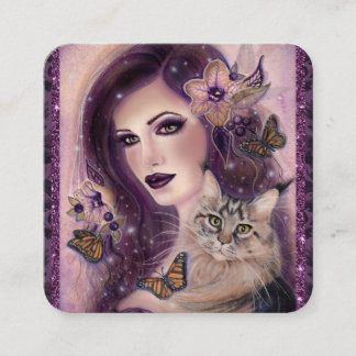 Carte De Visite Carré Femmes fantastiques avec chat par Renee Lavoie 