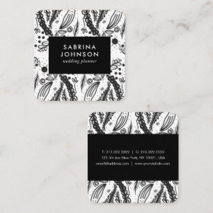 Carte De Visite Carré feuille fleurs pois motif noir blanc squat