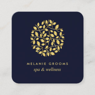 Carte De Visite Carré Feuilles d'or Bleu wellness massage spa yoga