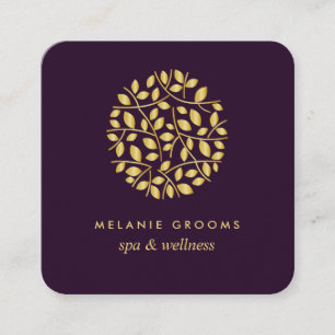 Carte De Visite Carré feuilles d'or pourpre yoga massage spa bien-êtr