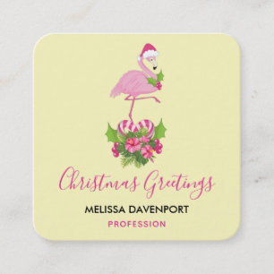 Carte De Visite Carré Flamant rose rose à Santa Hat Noël Whimsical