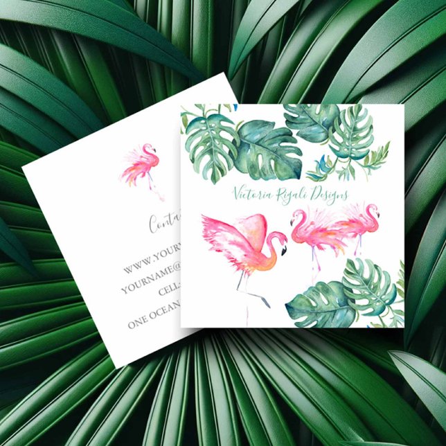 Carte De Visite Carré Flamant rose rose tropical Feuilles Palm (Tropical business cards with watercolor pink flamingos and palm leaves by Victoria Grigaliunas)