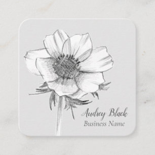 Carte De Visite Carré Fleur d'anémone blanc Gris noir Botanique