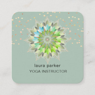 Carte De Visite Carré Fleur de Lotus Verte Maître Élégant de Yoga et de 
