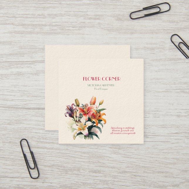 Carte De Visite Carré Fleuriste Lilies   (Devant/Arrière en situation)