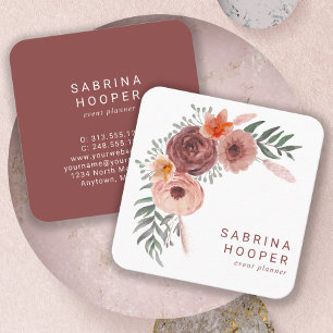 Carte De Visite Carré Fleurs Aquarelle Teinte Rose Rouille Coins Arrondi