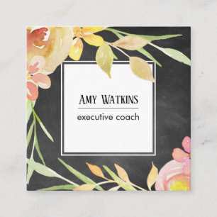 Carte De Visite Carré Fleurs aquarelles rose blush jaune sur tableau noi