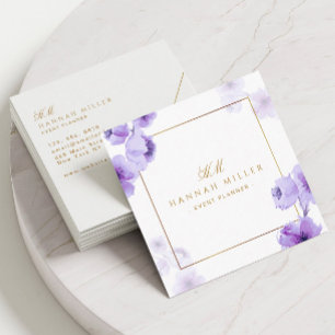 Carte De Visite Carré Fleurs aquarelles violettes Cadre doré élégant Uni
