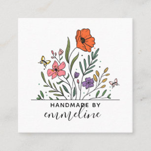 Carte De Visite Carré Fleurs Boho Fabriquées À La Main Par L'Artiste