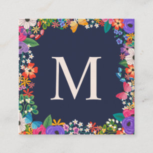 Carte De Visite Carré Fleurs colorées et monogramme encadré par papillon