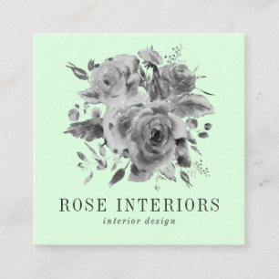 Carte De Visite Carré Fleurs d'aquarelle gris moderne vert menthe rose
