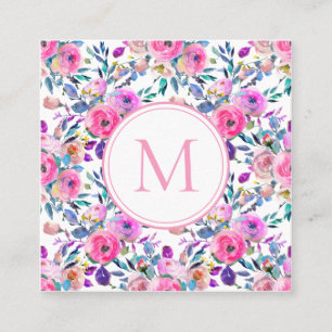 Carte De Visite Carré Fleurs d'aquarelle rose Monogramme