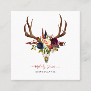 CARTE DE VISITE CARRÉ FLEURS DE COULEUR D'EAU, BOHO SKULL+FLÈCHE
