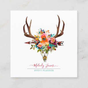 CARTE DE VISITE CARRÉ FLEURS DE COULEUR D'EAU, BOHO SKULL+FLÈCHE