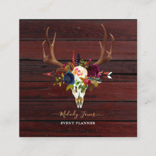 CARTE DE VISITE CARRÉ FLEURS DE COULEUR D'EAU RUSTIQUE, BOHO SKULL+FLÈCH