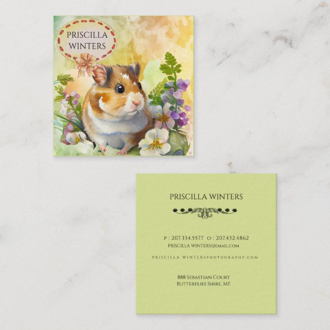 Carte De Visite Carré Fleurs de hamster de l'aquarelle mignonne vert (Devant / Derrière)