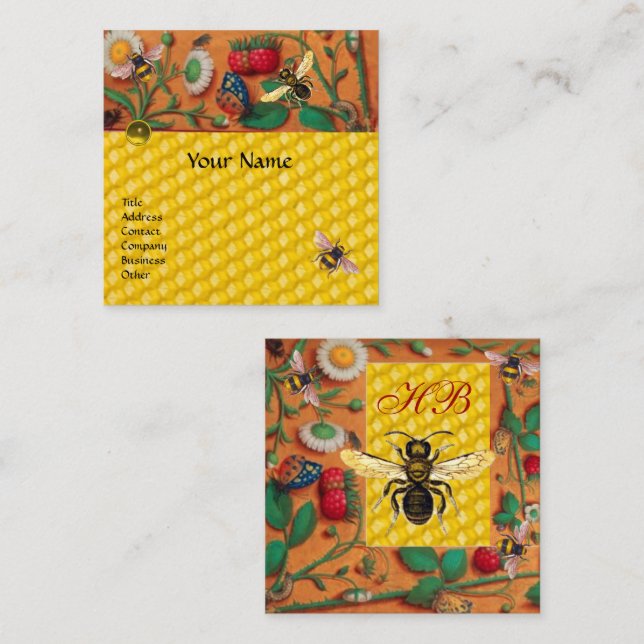 CARTE DE VISITE CARRÉ FLEURS DE PRINTEMPS HONEY BEE, BOISERIES À FRAISES (Devant / Derrière)
