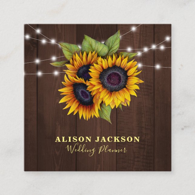 Carte De Visite Carré Fleurs de soleil rustiques phares wedding planner (Devant)