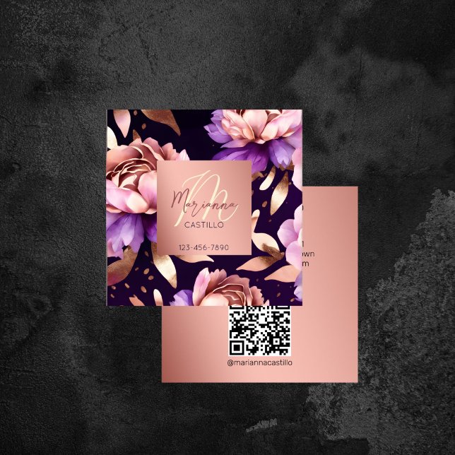 Carte De Visite Carré Fleurs d'or violet rose chic modèle moderne (Purple rose gold flowers chic modern template square business card makeup artist hair stylist )
