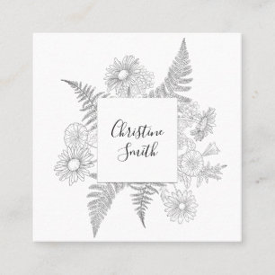 Carte De Visite Carré Fleurs Florales Élégantes Noires Et Blanches