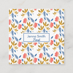 Carte De Visite Carré Fleurs Modernes Fleuriste Jardin Corail Bleu Rose
