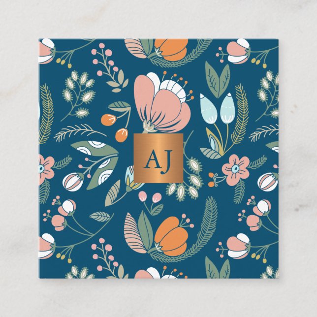 Carte De Visite Carré Fleurs pastel avec cuivre métallique monogramme bl (Devant)