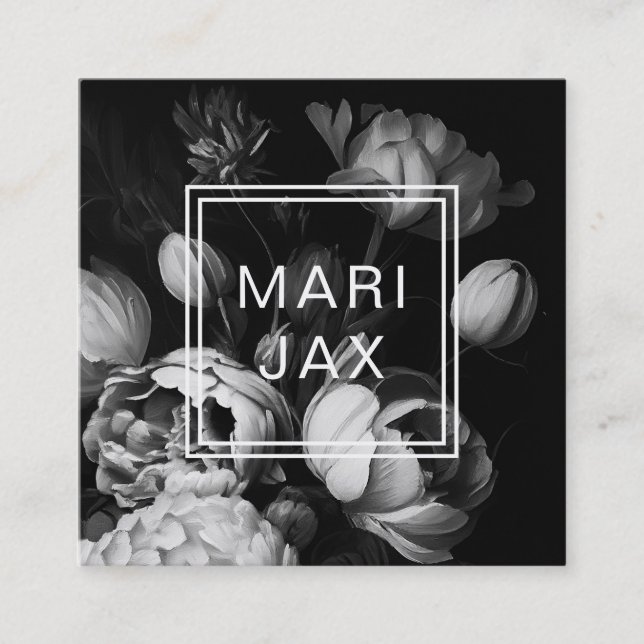 Carte De Visite Carré Fleurs peintes Abstraites modernes en noir et blan (Devant)