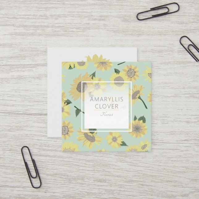 Carte De Visite Carré Fleurs peintes de tournesol jaune blanc (Devant/Arrière en situation)