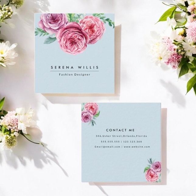 Carte De Visite Carré Fleurs roses florales Simple Bleu Chic (Créateur téléchargé)