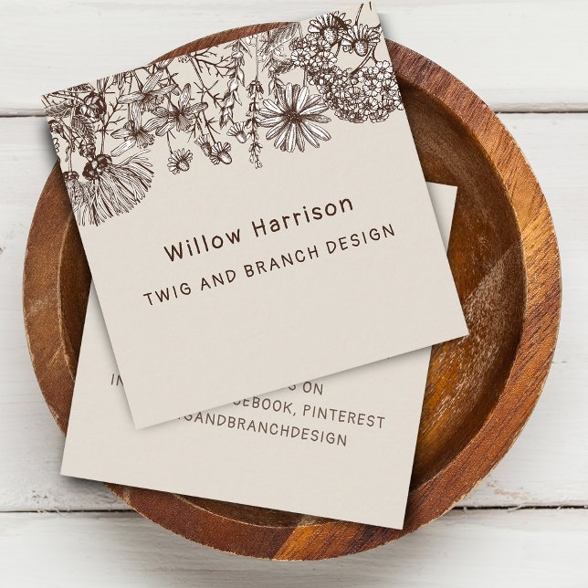 Carte De Visite Carré Fleurs sauvages rustiques et fantaisistes (Rustic Whimsical Wildflowers Square Business Card)