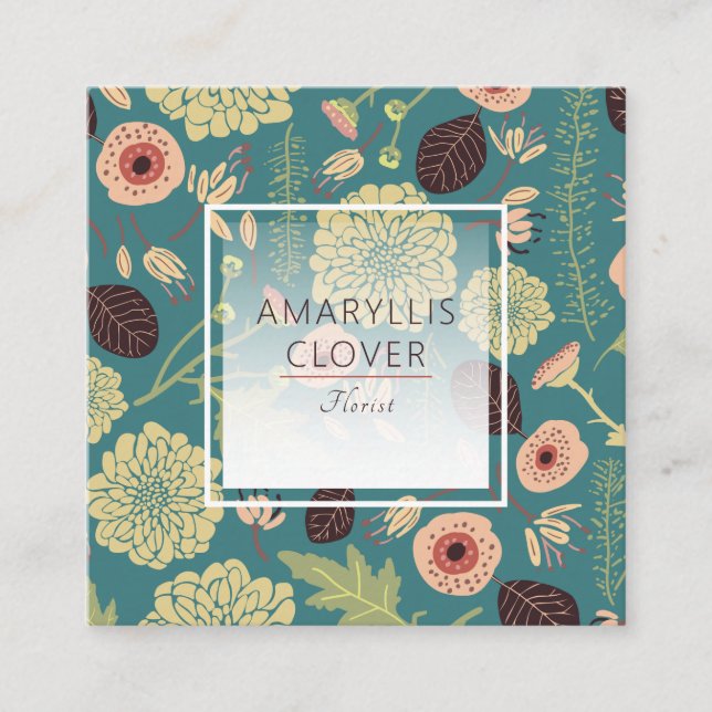 Carte De Visite Carré Fleurs Turquoises à motifs rose  Floral (Devant)
