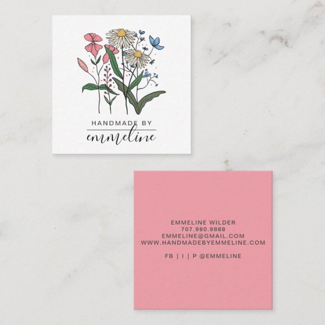 Carte De Visite Carré Fleurs Whimsical Fabriquées À La Main Par L'Artist (Devant / Derrière)